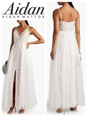 Aidan by AIDAN MATTOX V-Neck Embroidered Gown W/ Skirt Overlay